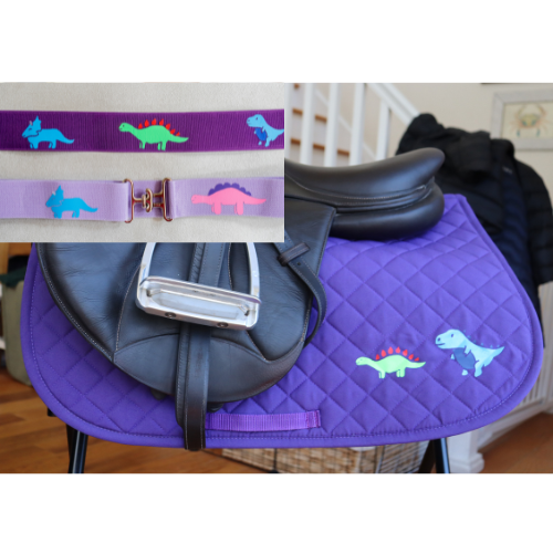 Dinosaurs on purple saddle pad and belt, Cute saddle pad and belt for horseback riders, Equestrian saddle pad,Horse Lovers gift