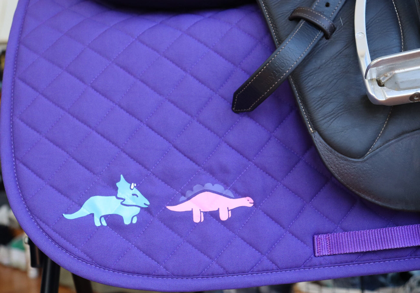 Saddle pad for horse or pony, Dinosaurs on purple saddle pad, Cute Saddle pad for horseback riders, Equestrian saddle pad, Kids saddle pad