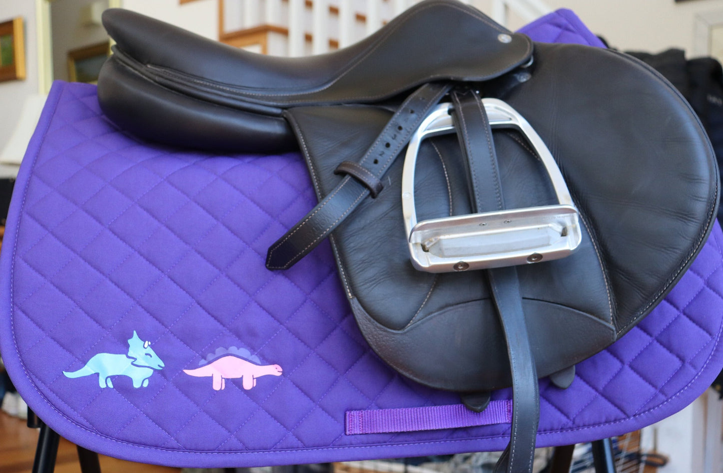 Dinosaurs on purple saddle pad and belt, Cute saddle pad and belt for horseback riders, Equestrian saddle pad,Horse Lovers gift