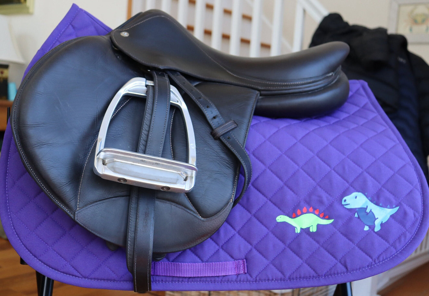 Dinosaurs on purple saddle pad and belt, Cute saddle pad and belt for horseback riders, Equestrian saddle pad,Horse Lovers gift