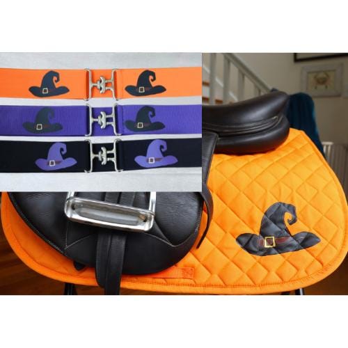 Halloween belt and saddle pad, Witch hats on belts and saddle pad, Matching belt and saddle pad for Halloween, Equestrian saddle pad