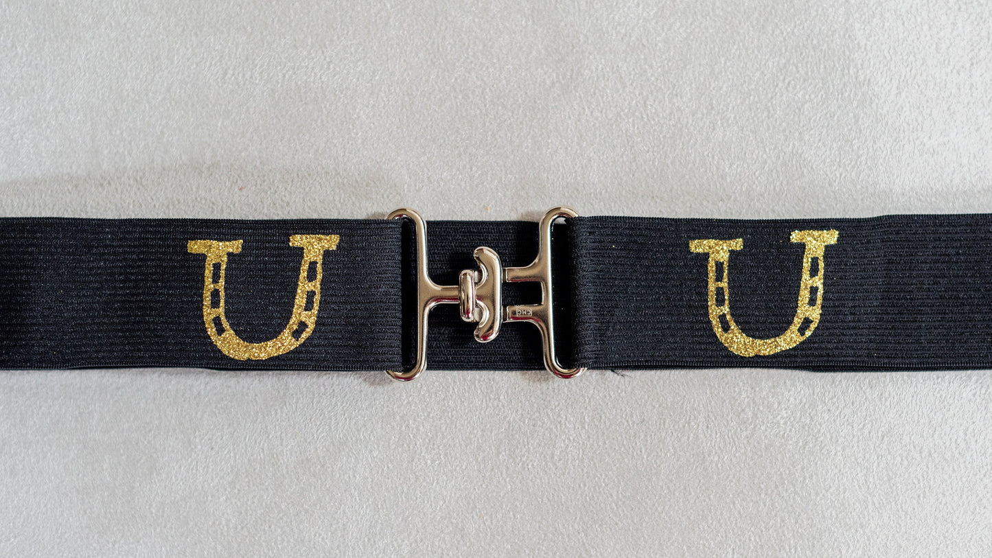 1.5 inch elastic equestrian belt, Gold horseshoes riding belt, Adjustable horse show belt