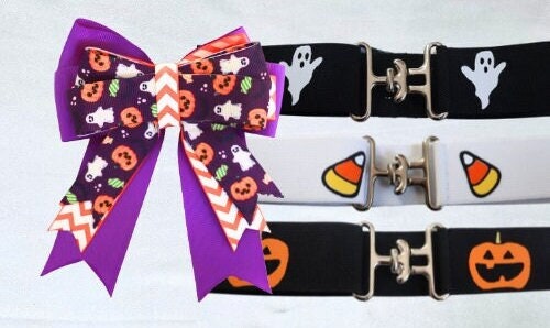 Halloween horse show bow plus belt, Equestrian hair bows and belt, Short stirrup bows, Lead line, Kids hair bows and belts