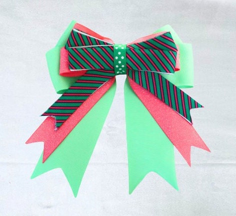 Horse show bows, Equestrian hair bows, Pink and green stripe, Short stirrup, Lead line, Girl hair bows