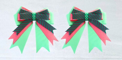 Horse show bows, Equestrian hair bows, Pink and green stripe, Short stirrup, Lead line, Girl hair bows