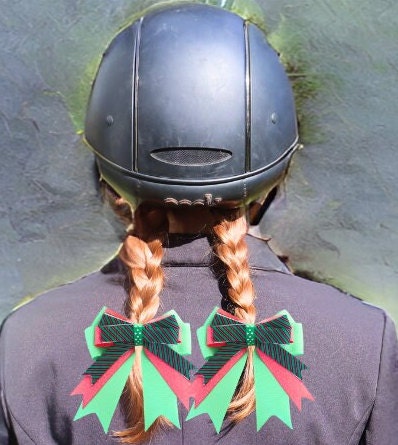 Horse show bows, Equestrian hair bows, Pink and green stripe, Short stirrup, Lead line, Girl hair bows