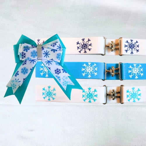 Holiday horse show bows plus belt, Equestrian hair bows and belt, Snowflake bows,Christmas stocking stuffer,short stirrup bows,leadline bow