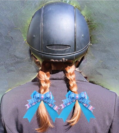 Horse show bows, Equestrian hair bows, Blue mermaid scales, Short Stirrup, Lead line, Girls hair bows