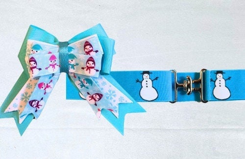 Holiday horse show bows plus belt, Equestrian hair bows and belt, Snowman bows, Christmas stocking stuffer,Short stirrup bows,Leadline bows